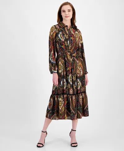 T Tahari Women's Paisley-print Half-placket Tiered Maxi Dress In Peacock Pa