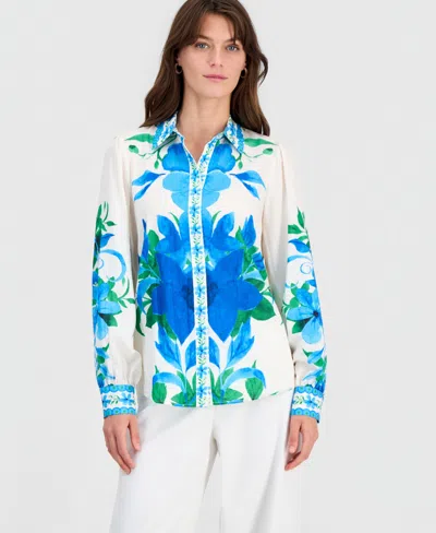 T Tahari Women's Placed-floral Button-down Shirt In Multi