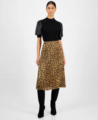 T Tahari Women's Pleated Printed Midi Skirt In Animal Print