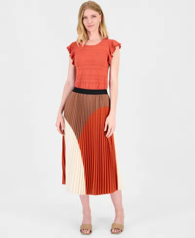 T Tahari Women's Pleated Pull-on Midi Flare Skirt