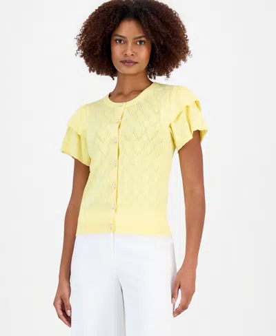 T Tahari Women's Pointelle Flutter-sleeve Cardigan Sweater In Yellow