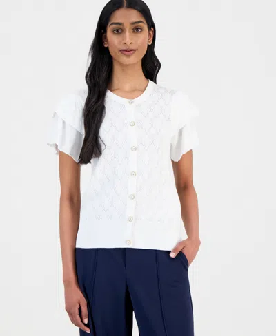T Tahari Women's Pointelle Flutter-sleeve Cardigan Sweater In White