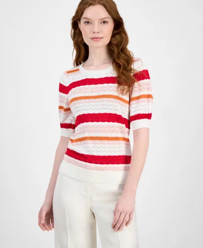 T Tahari Women's Pointelle Striped Crewneck Sweater