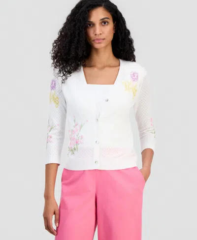 T Tahari Women's Pointelle V-neck Cardigan In White