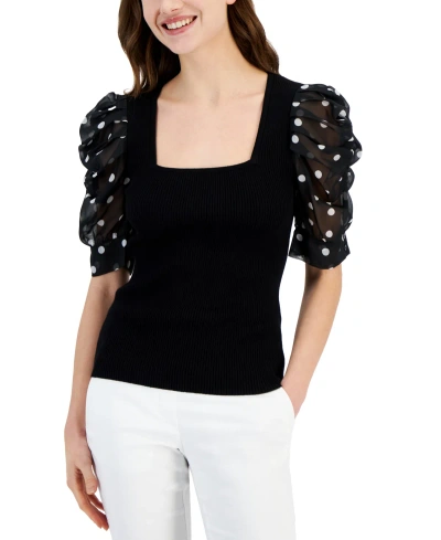 T Tahari Women's Polka-dot-sleeve Knit Top In Black With Polka Dot Sleeve
