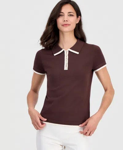 T Tahari Women's Polo-collar Short-sleeve Top In Burgundy