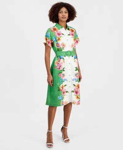 T Tahari Women's Printed Belted Button-front Midi Dress In Multi