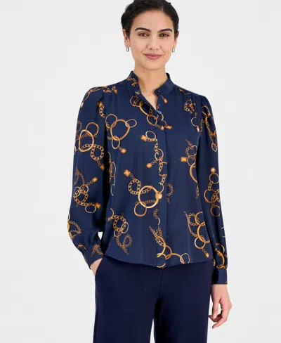 T Tahari Women's Printed Button-front Blouse In Blue