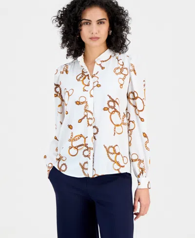 T Tahari Women's Printed Button-front Blouse In White