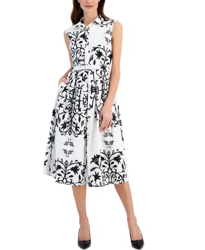 T Tahari Women's Printed Fit & Flare Belted Midi Dress In White  Black