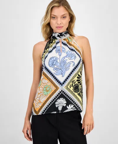 T Tahari Women's Printed Halter-neck Keyhole Blouse