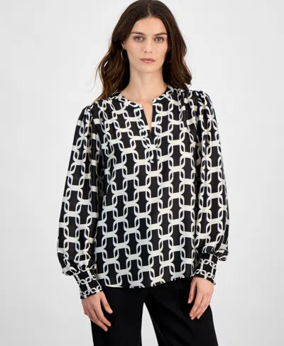 T Tahari Women's Printed Long-sleeve Satin Split-neck Top In London Chain Print