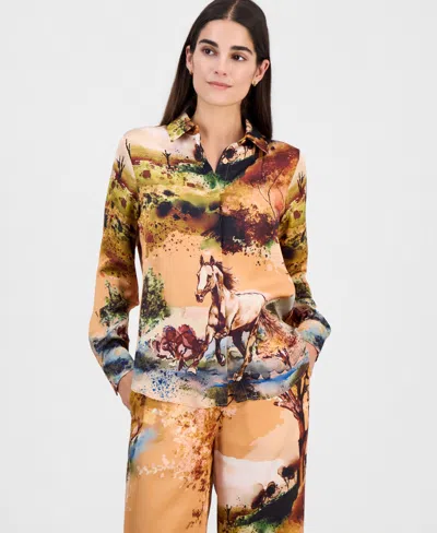T Tahari Women's Printed Long-sleeve Button-down Blouse In Riding Horses