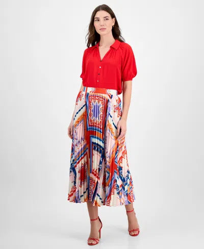 T Tahari Women's Printed Pleated Pull-on Midi Skirt
