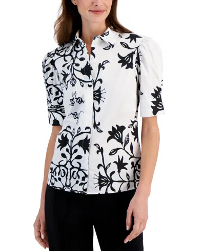 T Tahari Women's Printed Puff-sleeve Button-front Shirt In White  Black