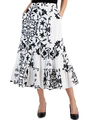 T Tahari Women's Printed Pull-on Tiered Midi Skirt In White  Black