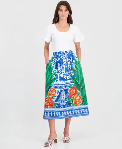 T Tahari Women's Printed Pull-on Flared Midi Skirt In Blue