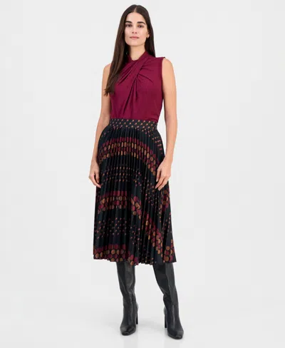 T Tahari Women's Printed Pull-on Pleated Midi Skirt In Wallpaper Dot Print