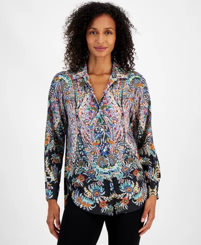T Tahari Women's Printed Satin Button-front Top In Royal Garden