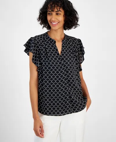 T Tahari Women's Printed Split-neck Flutter-sleeve Top In Dotted Black