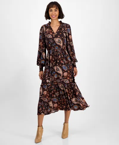 T Tahari Women's Printed Split-neck Long-sleeve Midi Dress In Brown