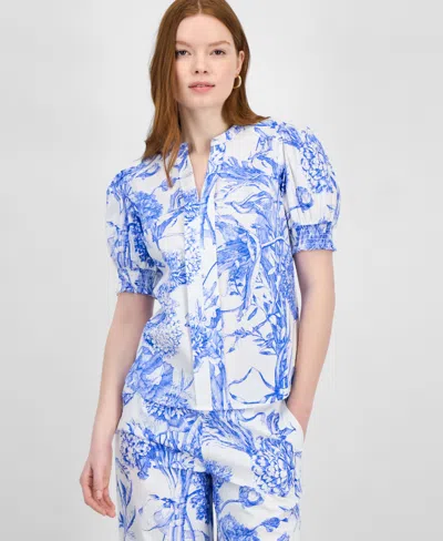 T Tahari Women's Printed Split-neck Puff-sleeve Top In Ethereal Spring Garden