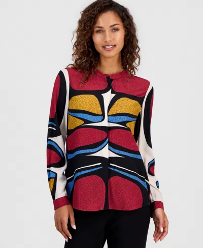 T Tahari Women's Printed Split-neck Button Tunic Blouse In Multi