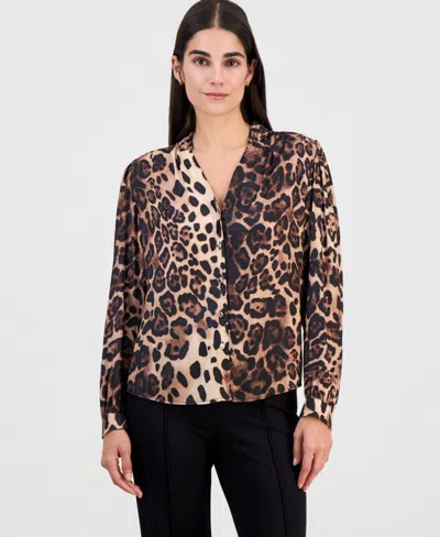 T Tahari Women's Printed Split-neck Button-down Blouse In Fall Spots