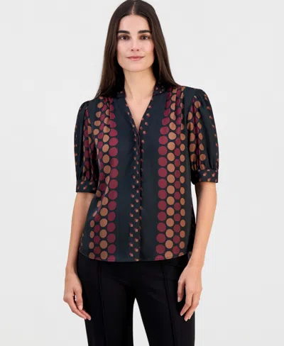 T Tahari Women's Printed Split-neck Button-down Blouse In Wallpaper Dot Print