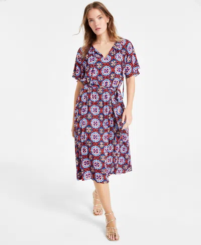 T Tahari Women's Printed Tie-neck Pleated Midi Dress In Guava Tile