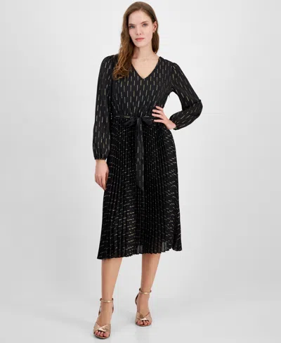 T Tahari Women's Glitter Print Accordion Pleat Midi Dress In Black Silver