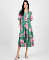 T Tahari Short Sleeve V Neck Fit And Flare Dress In Pink Bouquet Garden