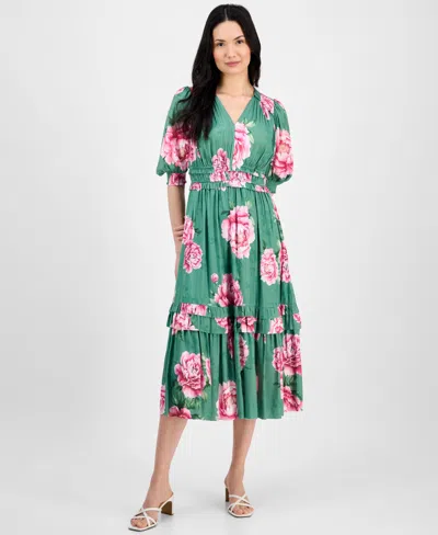 T TAHARI WOMEN'S PRINTED V-NECK FIT & FLARE RUFFLE DRESS