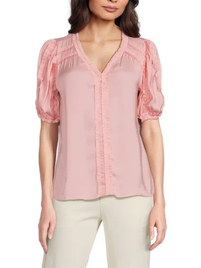 T Tahari Women's Puff Sleeve Ruffle Trim Top In Pink