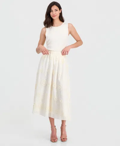 T Tahari Women's Pull-on Floral-embroidered Midi Skirt In Neutral