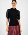 T Tahari Elbow Sleeve Mock Neck Ribbed Pullover Sweater With Faux Leather Sleeves In Black