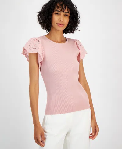 T Tahari Women's Ribbed-knit Flutter Eyelet-sleeve Sweater In Paradise Pink