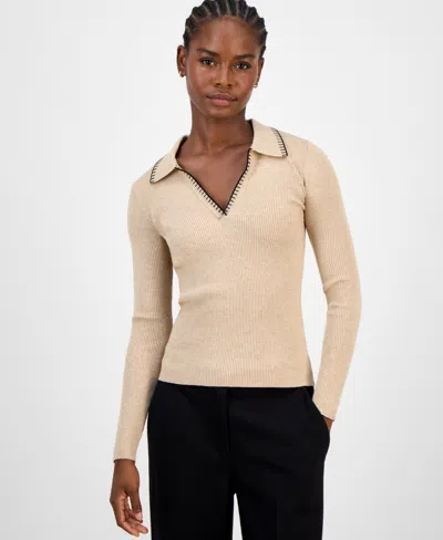 T Tahari Women's Ribbed-knit Polo Top In Brown