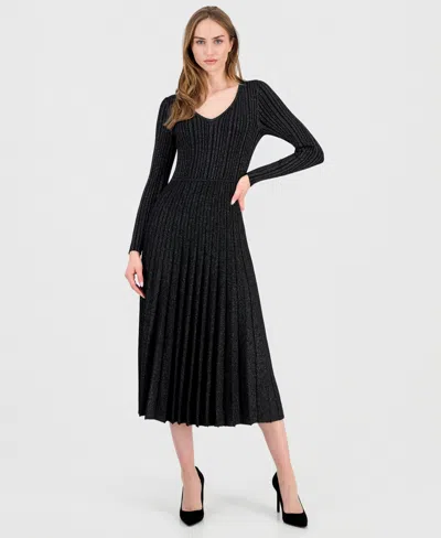 T Tahari Women's Ribbed Metallic Midi Dress In Black