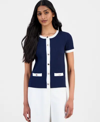 T Tahari Women's Ribbed Short-sleeve Cardigan Sweater In Multi