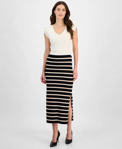 T Tahari Women's Ribbed Striped Bodycon Midi Skirt In Soft Tan Heather