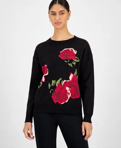 T Tahari Women's Rose-print Crewneck Sweater In Multi