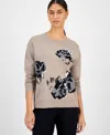 T Tahari Women's Rose-print Crewneck Sweater In Neutral