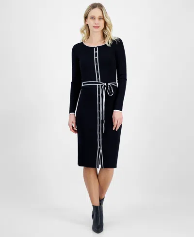 T Tahari Women's Round-neck Long-sleeve Button-front Dress In Black,white Star
