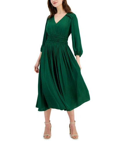 T Tahari Women's Ruched V Neck 3/4-sleeve Midi Dress In Magnolia Green