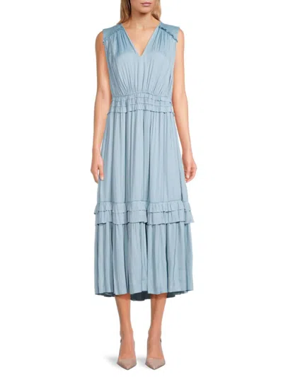 T Tahari Women's Ruffle Tiered Midi A Line Dress In Seastar