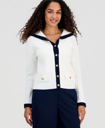 T Tahari Women's Sailor-collar Tipped Cardigan In White