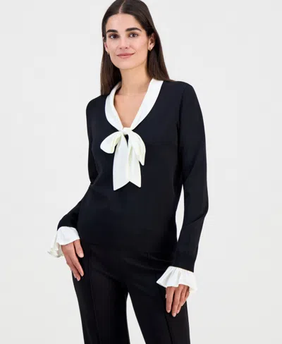T Tahari Women's Scarf-neck Contrast-trim Sweater In Black,ivory