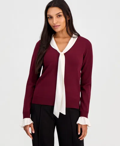 T Tahari Women's Scarf-neck Contrast-trim Sweater In Classic Burgundy