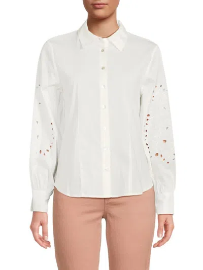 T Tahari Women's Schiffli Sleeve Shirt In White Star